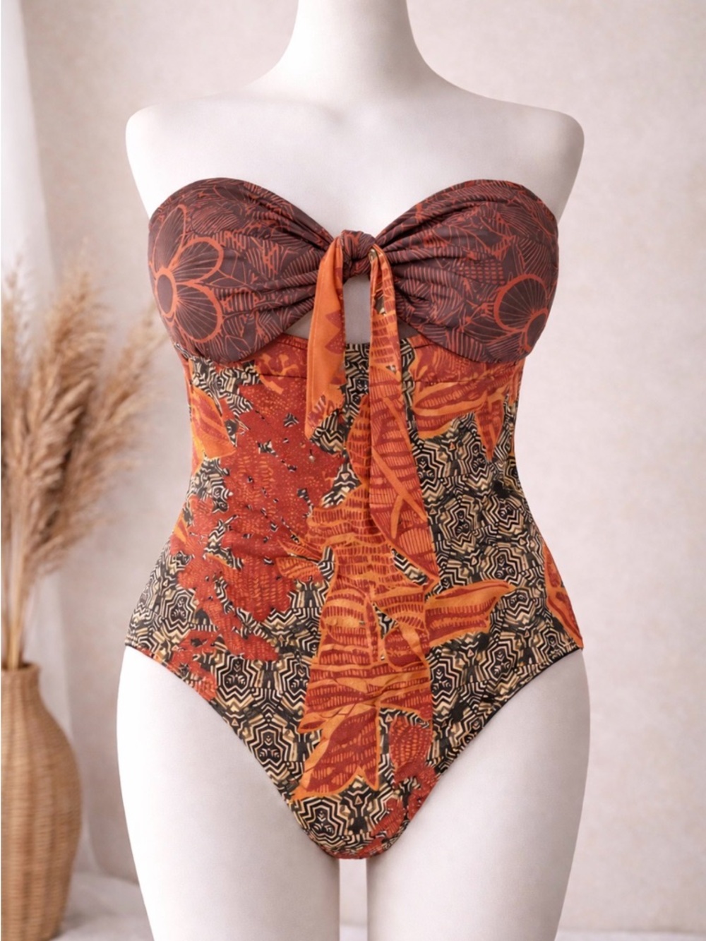 Strapless One-Piece Swimsuit in Rust & Brown